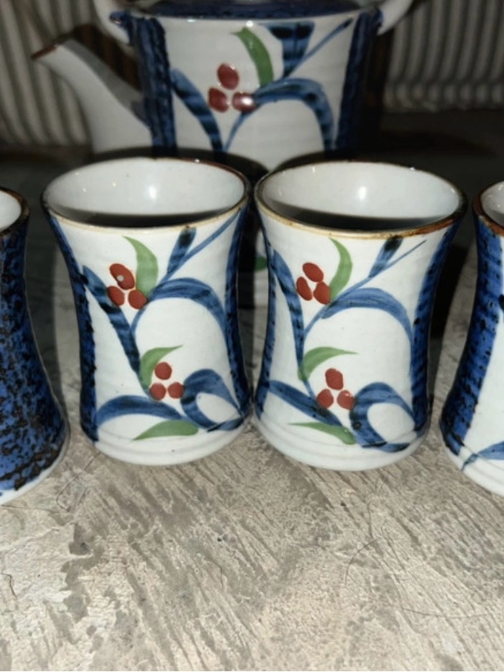 Vintage Otagiri Japanese Stoneware. Blue, White, Green & Red Floral Ceramic Cups